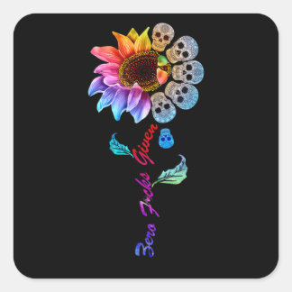 Funny Skull Rainbow Sunflower Quadratischer Aufkleber