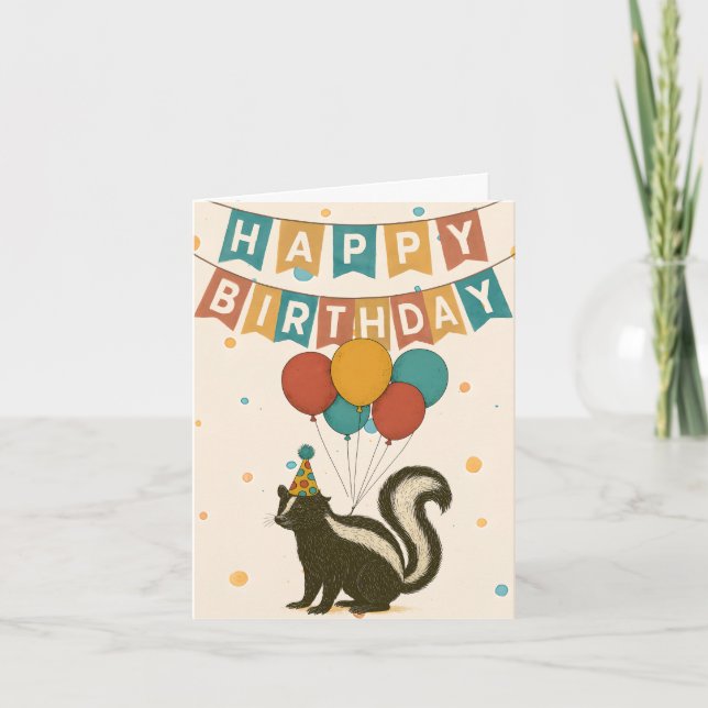 Funny Skunk Birthday Card - Balloons & Party Hat Karte (Vorderseite)