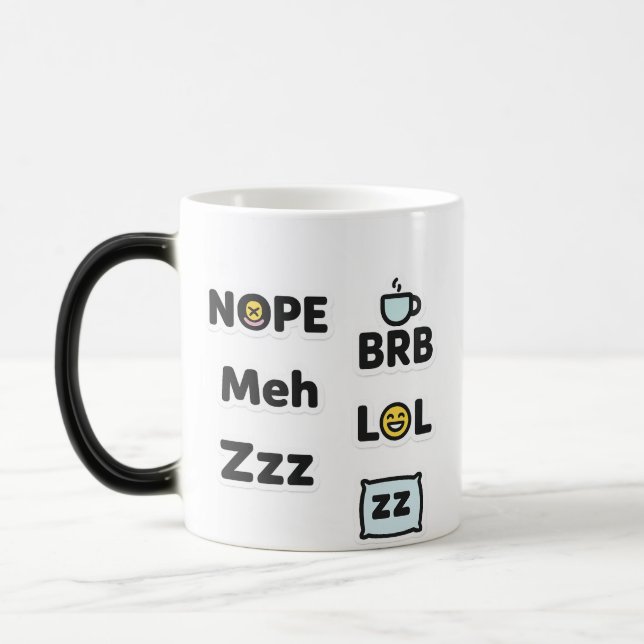 Funny Slang Tasse - Nope, Meh, BRB, LOL, Zzz (Links)