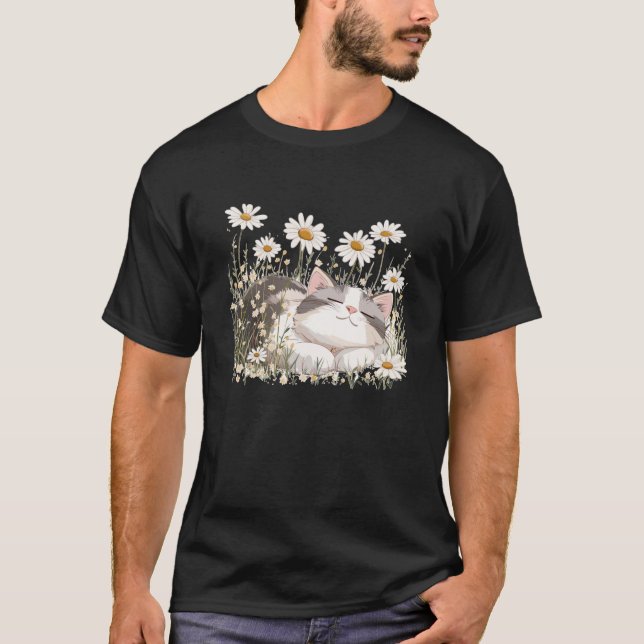 Funny Sleeping Cat with Daisies for Blooming Seaso T-Shirt (Vorderseite)