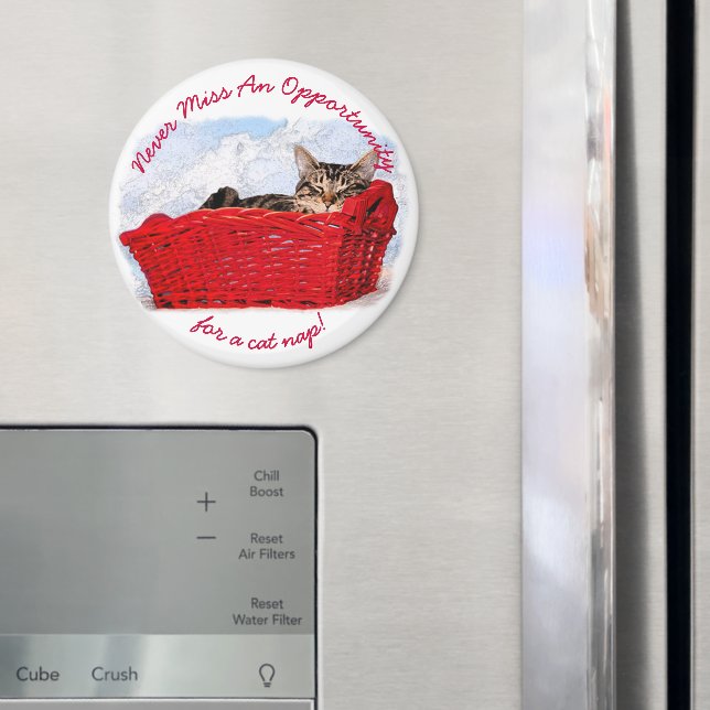 Funny Sleeping Kitten in Red Basket Custom Foto Magnet (In Situ (Kühlschrank))