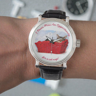 Funny Sleeping Kitten in Red Basket Foto Custom Armbanduhr