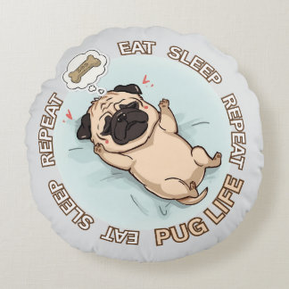 Funny Sleeping Pug Round Pillow | Eat Sleep Repeat Rundes Kissen