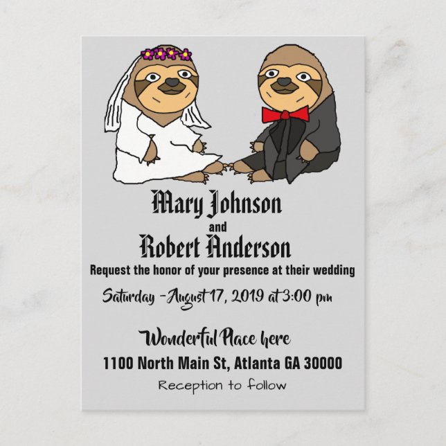 Funny Sloth Brie und Groom Wedding Einladung (Vorderseite)