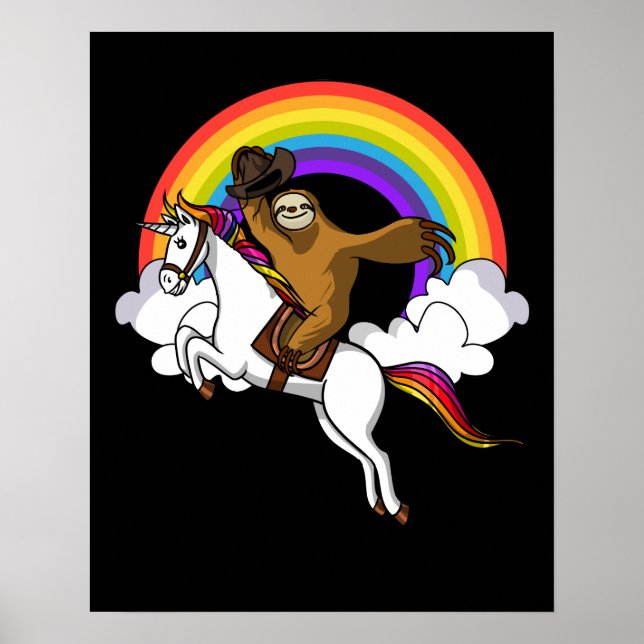 Funny Sloth Cowboy Riding Magical Unicorn Regenbog Poster (Vorne)