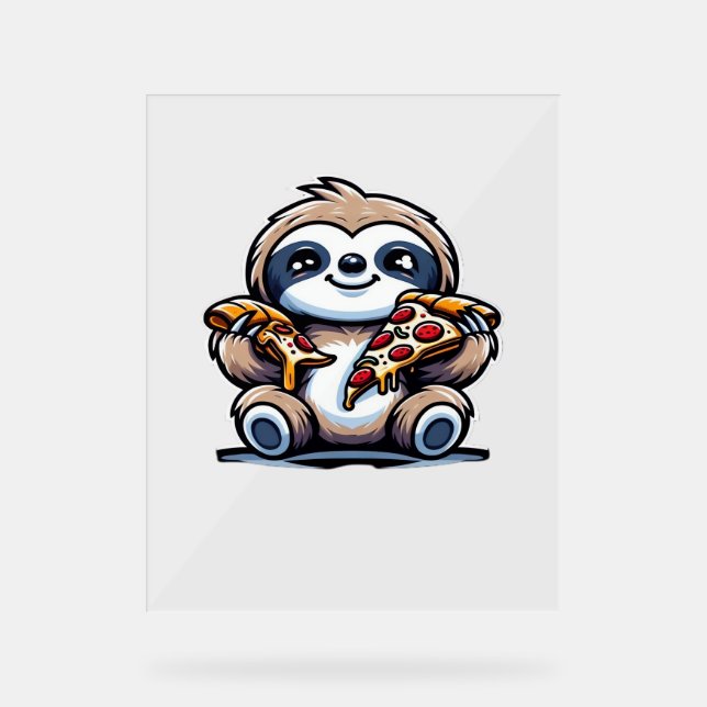 Funny Sloth frisst Pizza, Kawaii Animal drüben Acrylschild (Vorderseite)