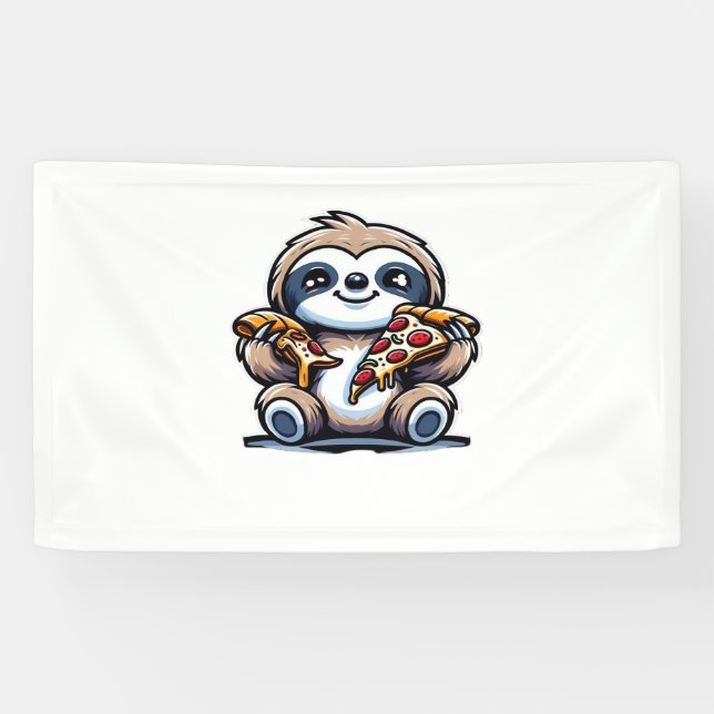 Funny Sloth frisst Pizza, Kawaii Animal drüben Banner (Horizontal)