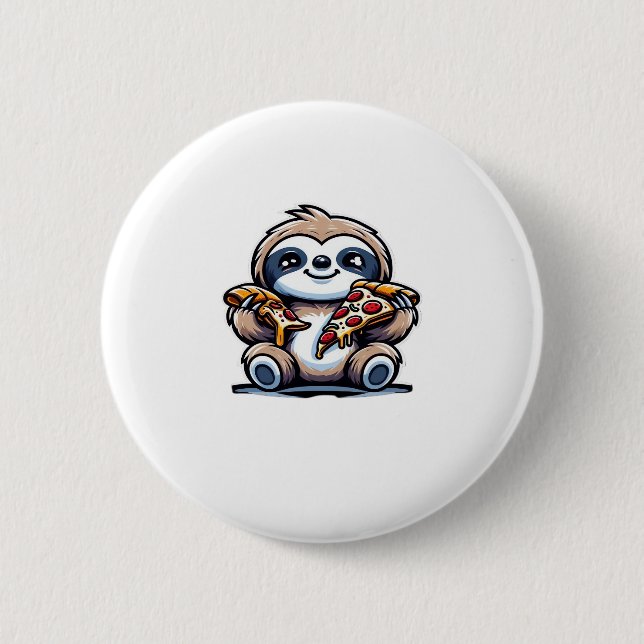 Funny Sloth frisst Pizza, Kawaii Animal drüben Button (Vorderseite)