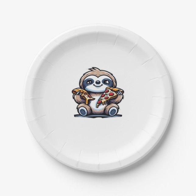 Funny Sloth frisst Pizza, Kawaii Animal drüben Pappteller (Vorderseite)