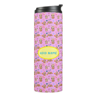 Funny Sloth Hearts Blumenrosa Muster | Name hinzuf Thermosbecher