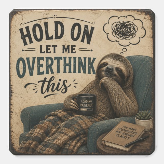 Funny Sloth Hold On Let Me Overthink This | Rustic Quadratischer Aufkleber (Vorderseite)