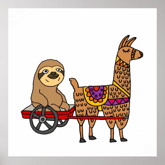 Funny Sloth in Red Wagon gepulst von Llama Poster (Vorne)