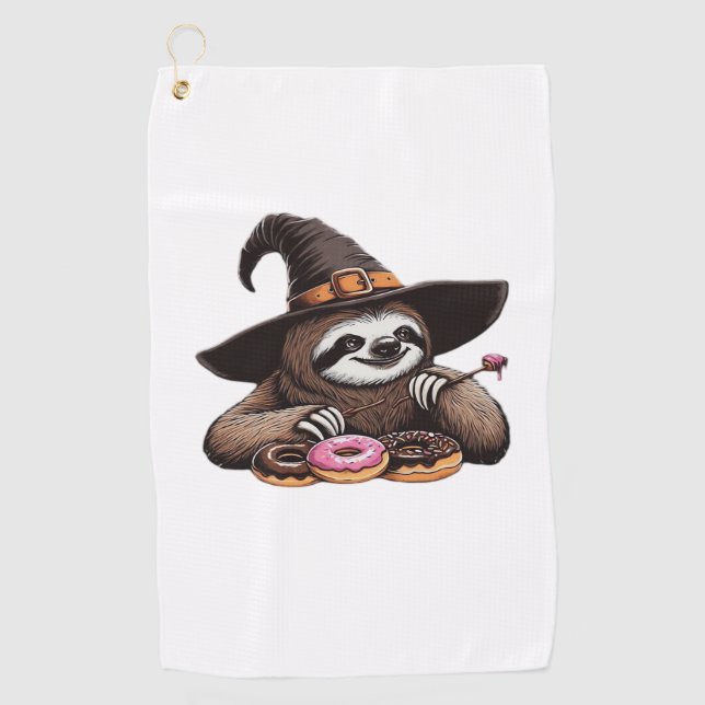 Funny Sloth in Witch Hat geniessen Donuts - Niedli Golfhandtuch (Vorderseite)