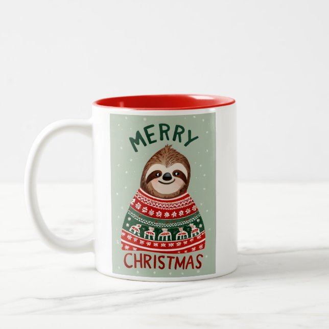 Funny Sloth mit Weihnachts-Sweater Zweifarbige Tasse (Links)
