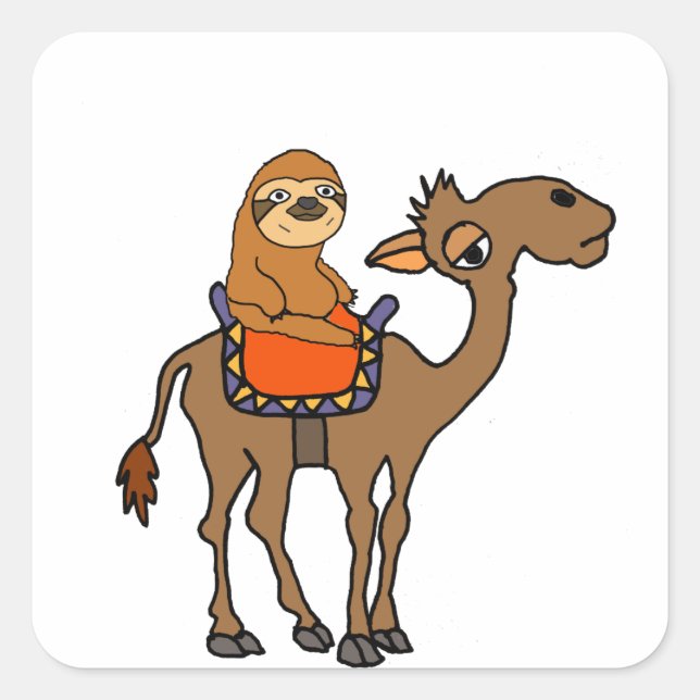 Funny Sloth Riding Camel Cartoon Quadratischer Aufkleber (Vorderseite)