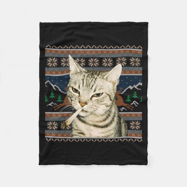 Funny Smoking Cat Meme Christmas Ugly Sweater Cat  Fleecedecke (Vorderseite)
