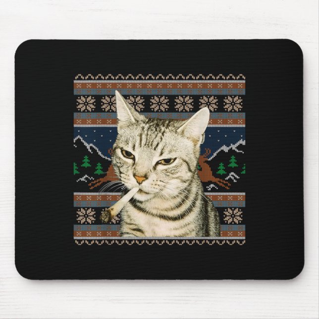 Funny Smoking Cat Meme Christmas Ugly Sweater Cat  Mousepad (Vorne)