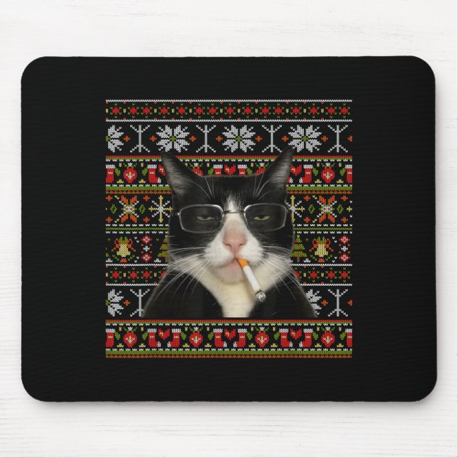 Funny Smoking Cat Meme Christmas Ugly Sweater Cat  Mousepad (Vorne)