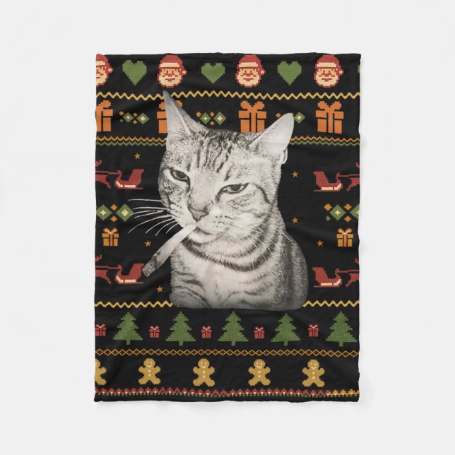 Funny Smoking Cat Meme Christmas Ugly Sweaters For Fleecedecke (Vorderseite)