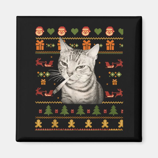 Funny Smoking Cat Meme Christmas Ugly Sweaters For Magnet (Vorne)