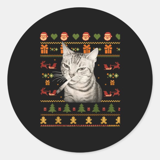 Funny Smoking Cat Meme Christmas Ugly Sweaters For Runder Aufkleber (Vorderseite)