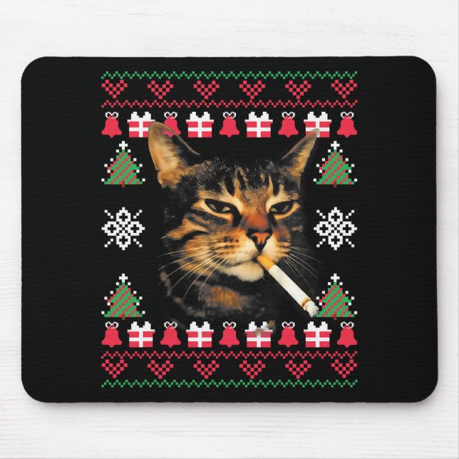 Funny Smoking Cat Meme Ugly Christmas Sweater For  Mousepad (Vorne)