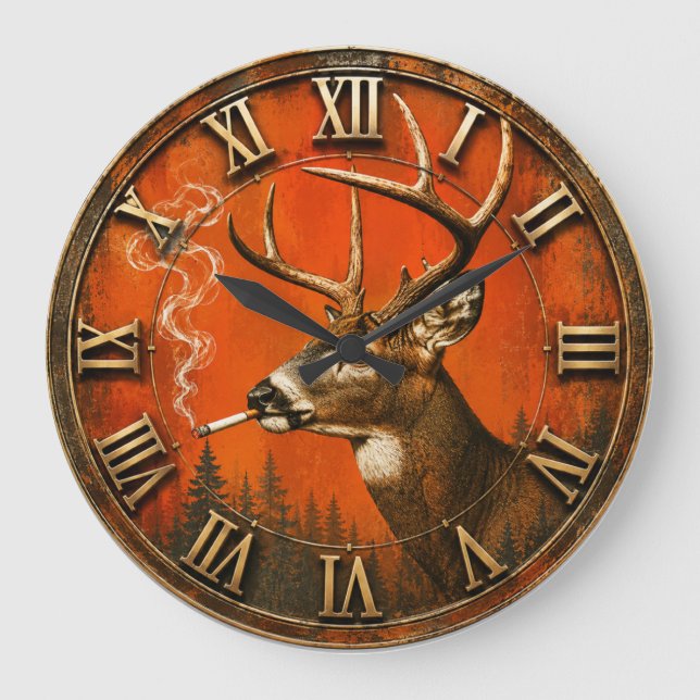 Funny Smoking Deer Rustic Hunting Cabin  Große Wanduhr (Vorderseite)