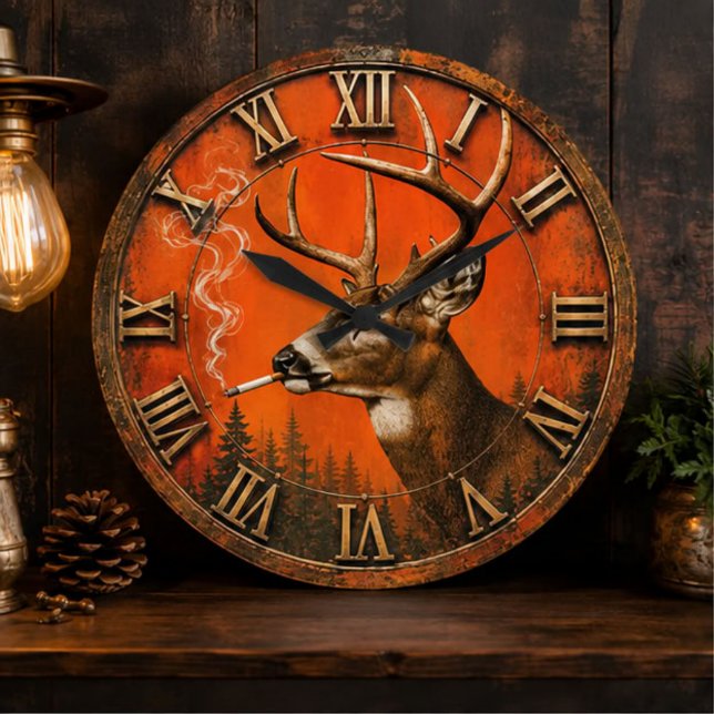 Funny Smoking Deer Rustic Hunting Cabin  Große Wanduhr (Von Creator hochgeladen)