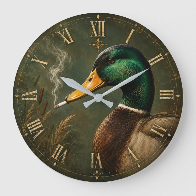 Funny Smoking Duck Hunter Cabin  Große Wanduhr (Vorderseite)