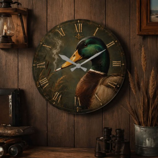 Funny Smoking Duck Hunter Cabin  Große Wanduhr (Von Creator hochgeladen)