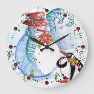 FUNNY SNOWMAN AND PENGUIN'S WINTER SERENADE GROßE WANDUHR