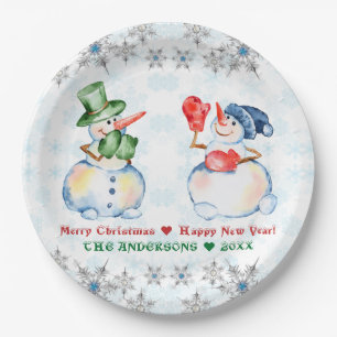 Funny Snowman Frohe Weihnachtskristalle Snowflakes Pappteller