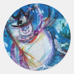 FUNNY SNOWMAN IN WINTERNACHT RUNDER AUFKLEBER