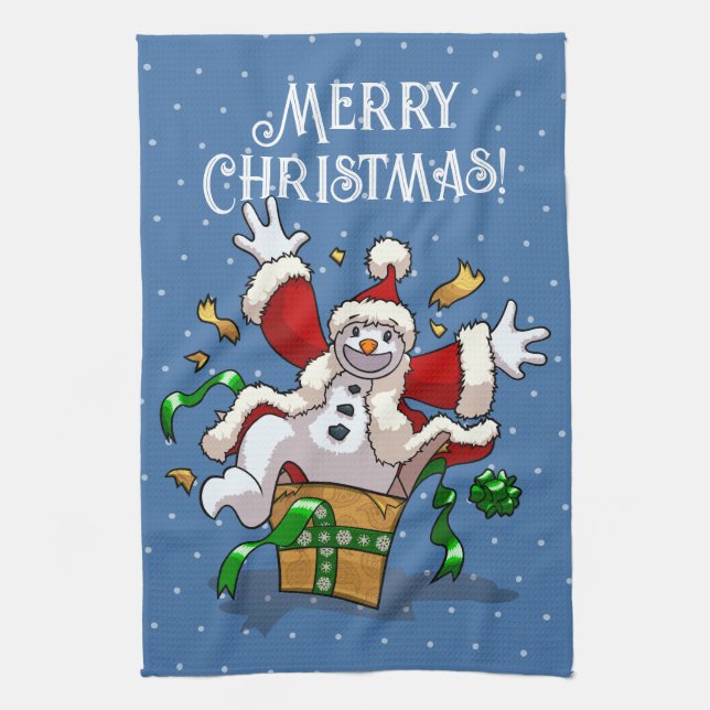 Funny Snowman Merry Christmas Surprise Cartoon Geschirrtuch (Vertikal)