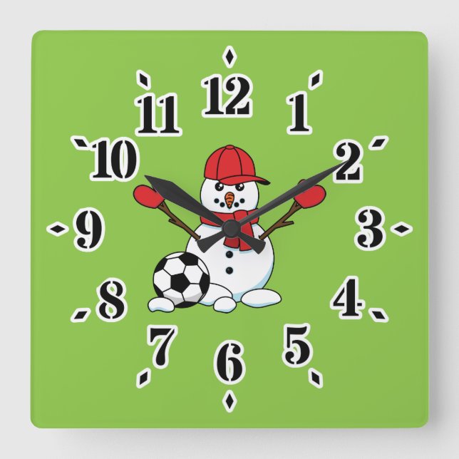 Funny Snowman mit Fußball Quadratische Wanduhr (Vorderseite)