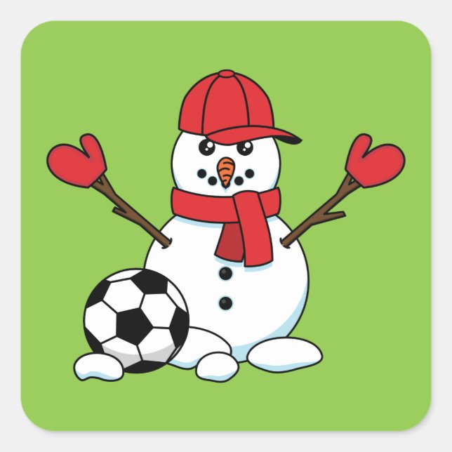 Funny Snowman mit Fußball Quadratischer Aufkleber (Vorderseite)
