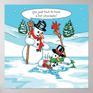 Funny Snowman mit Hot Chocolate Cartoon Poster