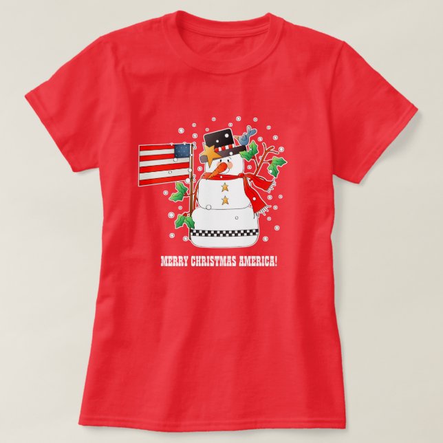 Funny Snowman mit US-Flagge Weihnachts-T - Shirt (Design vorne)