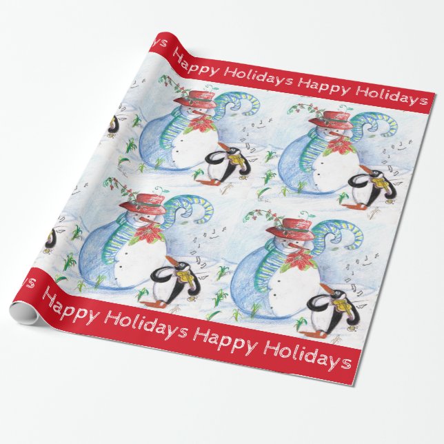FUNNY SNOWMAN, PENGUIN'S WINTER SERENADE GESCHENKPAPIER (Ungerollt)