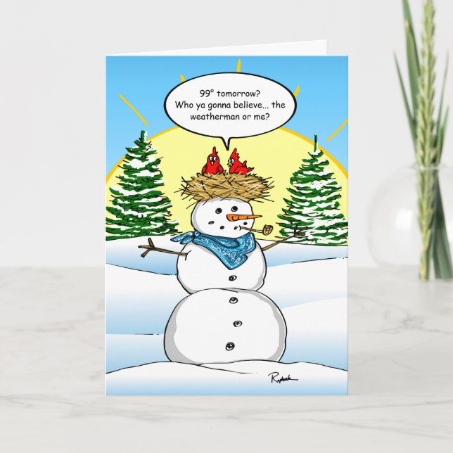 Funny Snowman Red Kardinal Christmas Feiertagskarte (Vorderseite)