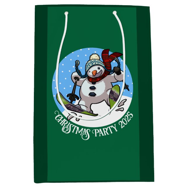Funny Snowman Skiing Weihnachten Party 2025 Cartoo Mittlere Geschenktüte (Vorderseite)