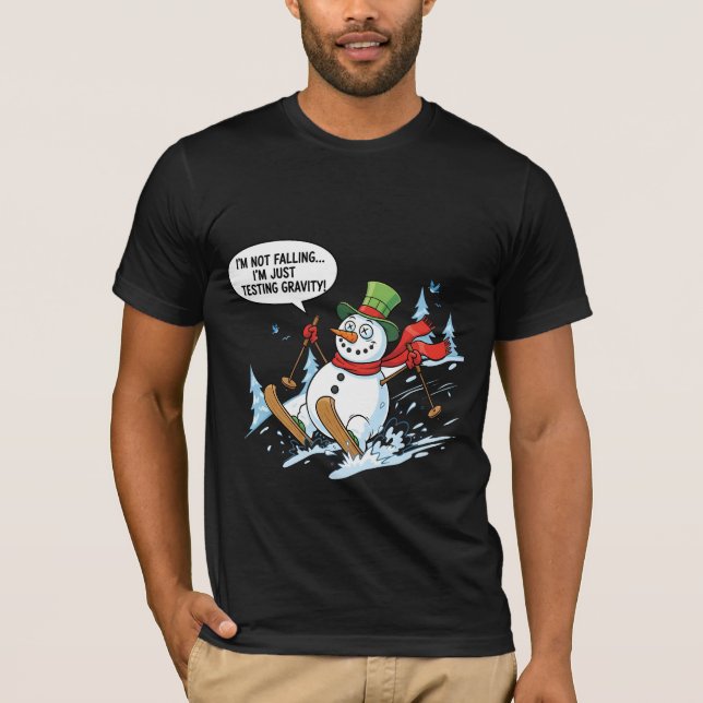 Funny Snowman Testing Gravity – Winter Ski Joke T-Shirt (Vorderseite)