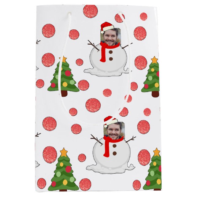 Funny Snowman White Red Green Foto Face Xmas Mittlere Geschenktüte (Vorderseite)