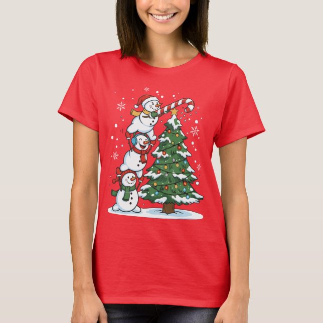 Funny Snowmen and Christmas Tree Cute Holiday  T-Shirt (Vorderseite)