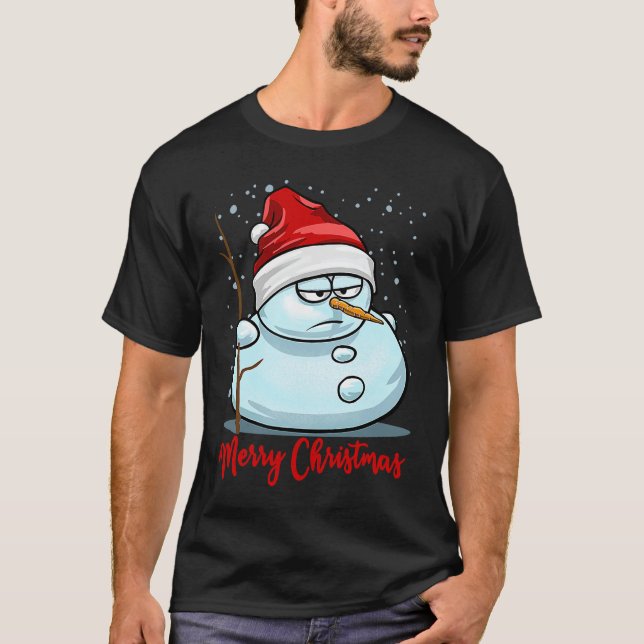 Funny Snowmen Merry Christmas Snowflakes Santa Hat T-Shirt (Vorderseite)
