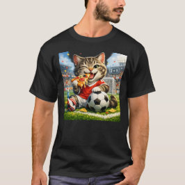 Funny Soccer Cat Eating Pizza Cartoon Design T-Shirt