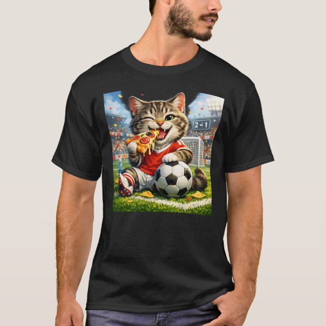 Funny Soccer Cat Eating Pizza Cartoon Design T-Shirt (Vorderseite)