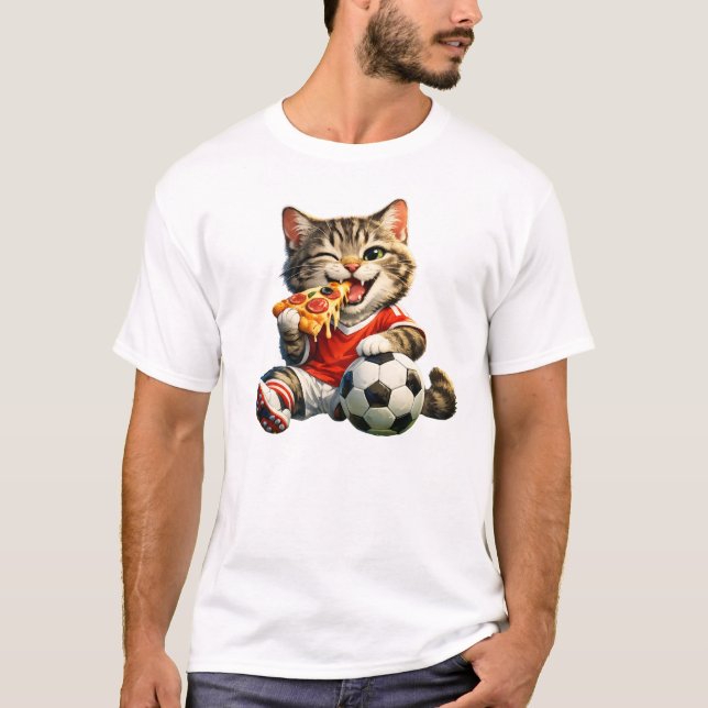 Funny Soccer Cat Eating Pizza Cartoon Design T-Shirt (Vorderseite)