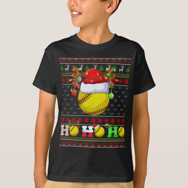 Funny Softball Ball Xmas Tree Lights Ugly Christma T-Shirt (Vorderseite)