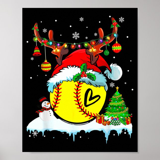 Funny Softball Christmas Reindeer Santa Hat Lights Poster (Vorne)